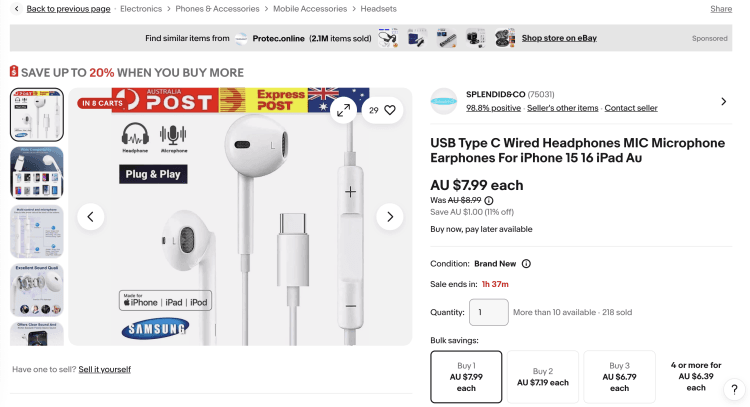 eBay: USB Type C Wired Headphones with MIC – 11% Off, now $7.99